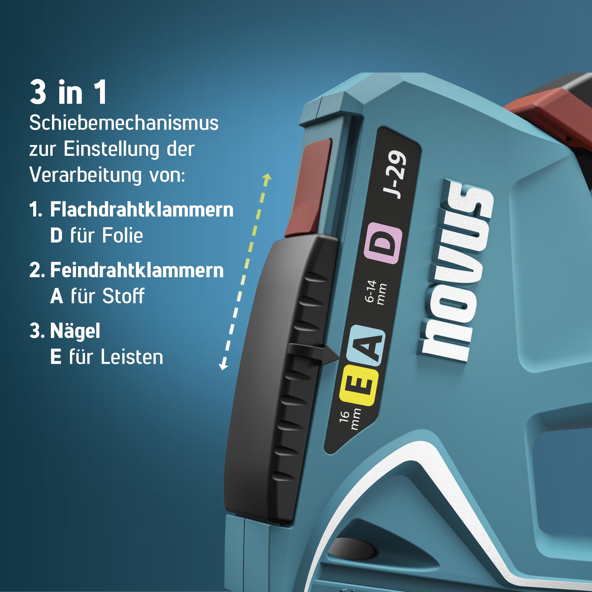 NOVUS TOOLS Handtacker J-29 Set mit 1800 Klammern │ 3-in-1 Profi-Tacker für Holz mit Metall-Gehäuse und Schlagkrafteinstellung │ Für Feindraht- und Flachdrahtklammern 6-14 mm und Nägel 16 mm