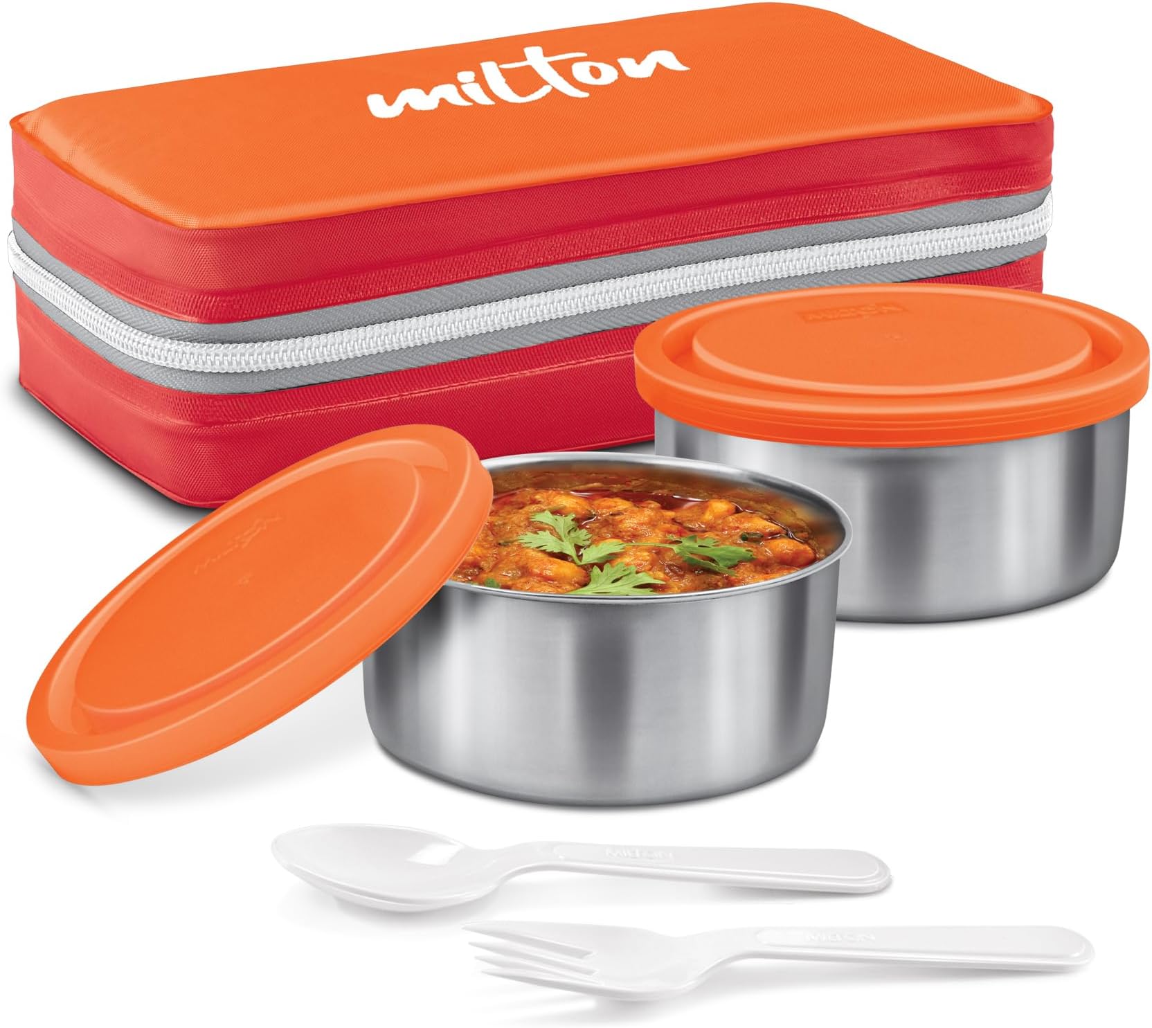 MILTON New Mini Lunch Box with Insulated Bag, 2 Stainless Steel Containers 280 ml Each, Plastic Spoon & Fork, Leak-Proof Tiffin for Office, School, College, Orange