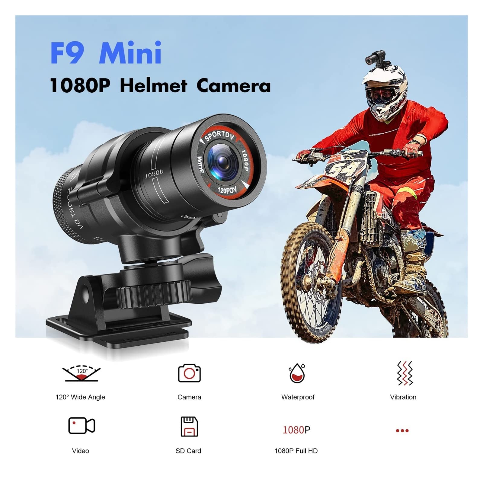 Kamera akcji, F9 kamera akcji HD 1080P rower kask motocyklowy kamera Outdoor Sport DV wideo DVR rejestrator dźwięku kamera na deskę rozdzielczą do roweru samochodowego,Na świeżym powietrzu, Sport, Wi
