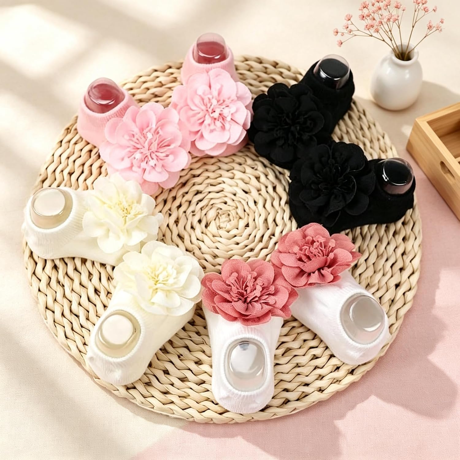 4 Pairs Baby Girl Non-Slip Flower Grip Socks, Soft Cotton Breathable Ankle Socks for Newborn Toddler Princess Cotton Breathable Ankle Socks for Newborn