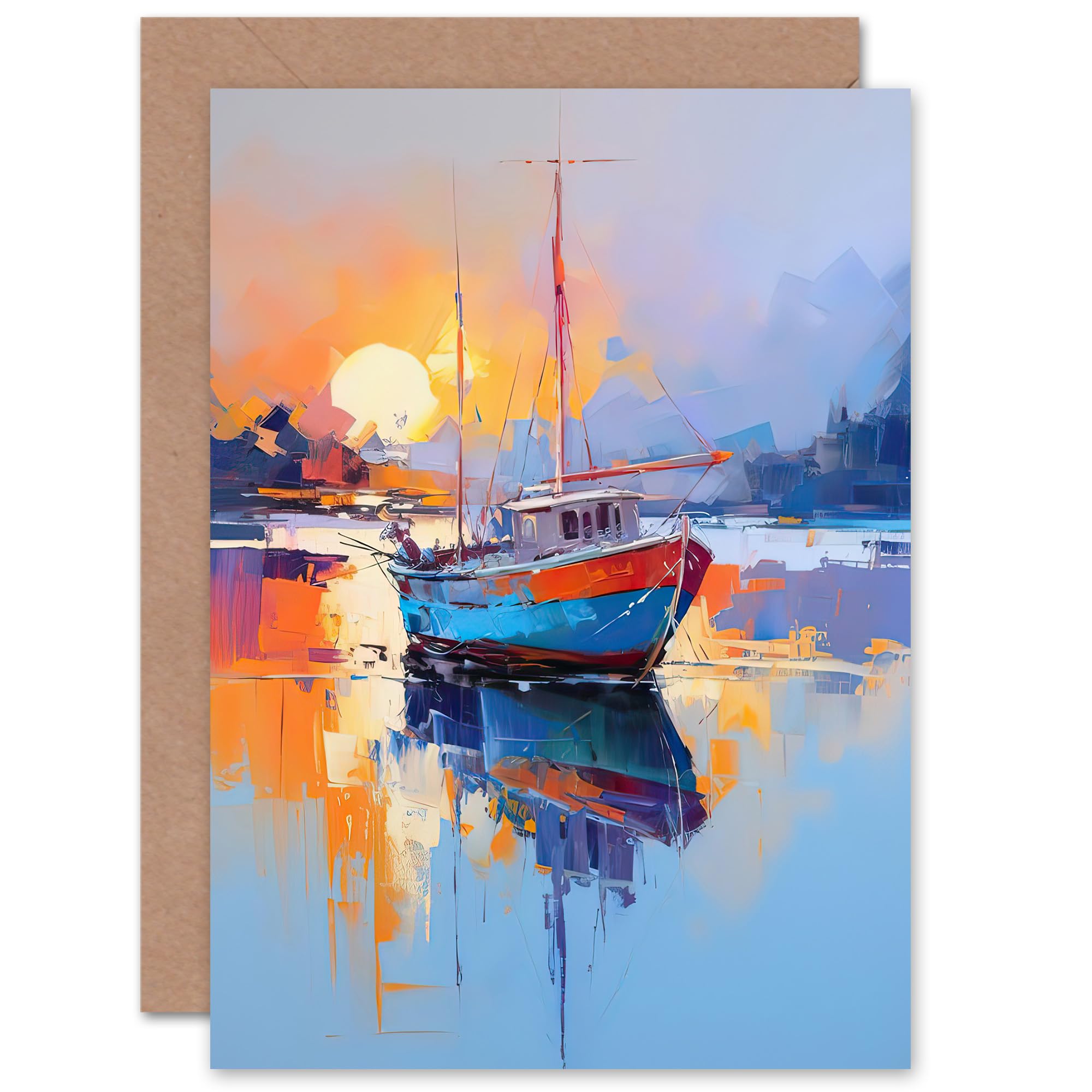 Artery8 Fishing Boat in Tranquil Lake Oil Painting for Husband Him Dad Son Brother Birthday Thank You Congratulations Blank Art Greeting Card