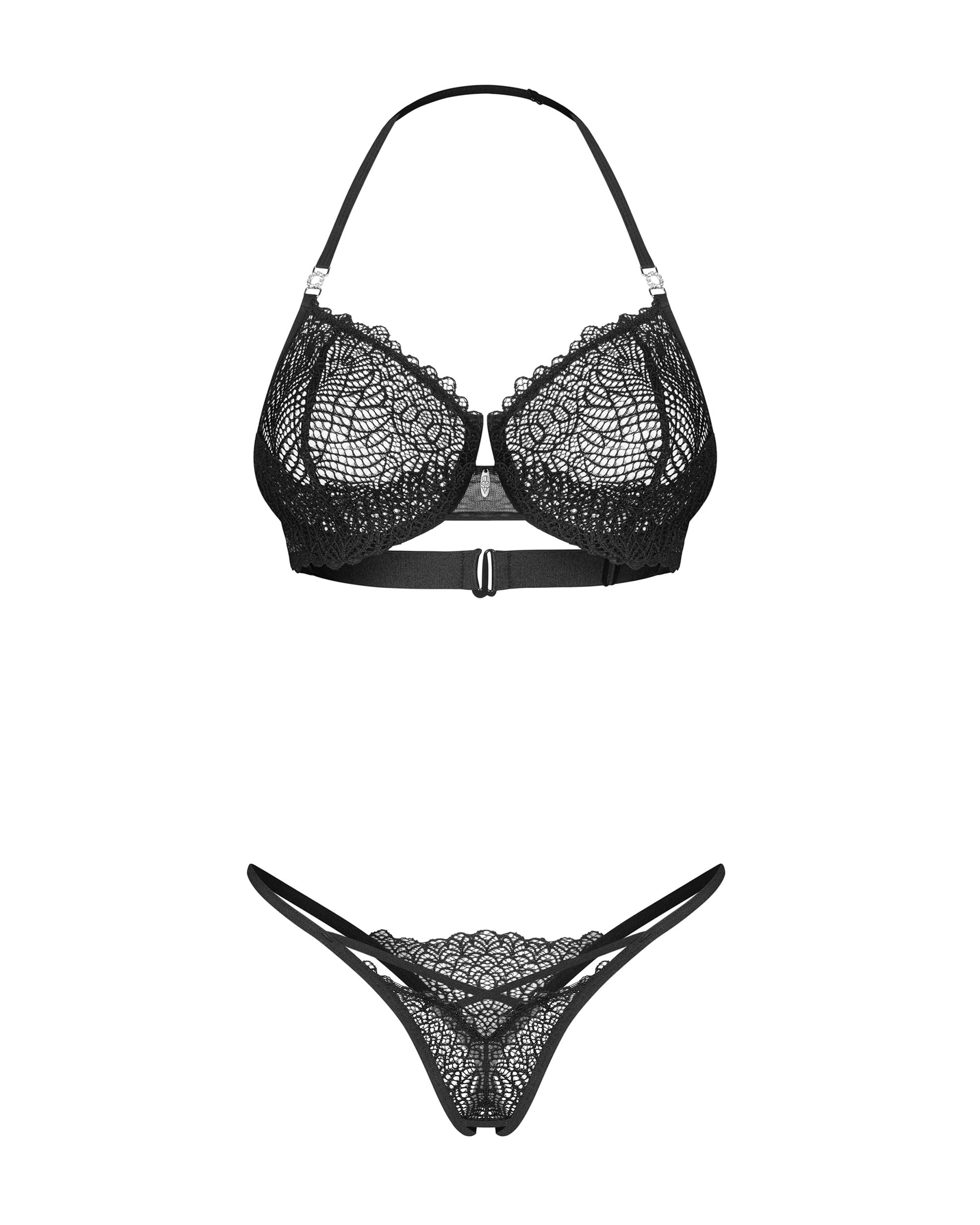 Selente Love & Fun Romantico Completo Intimo a 4 Pezzi Composto da Reggiseno, Reggicalze, Tanga ed Esclusiva Benda per Occhi in Raso. Made in EU.