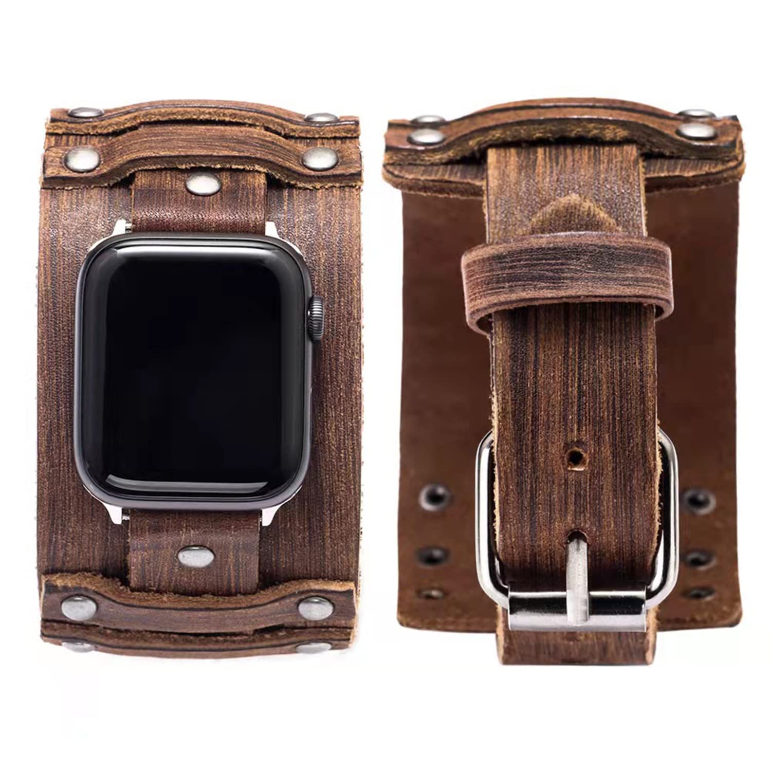 NIGHTCRUZ Compatible with Leather Apple Watch Band - Wide Leather Bracelet Vintage for Apple Watch Series 7/6/5 (Brown)