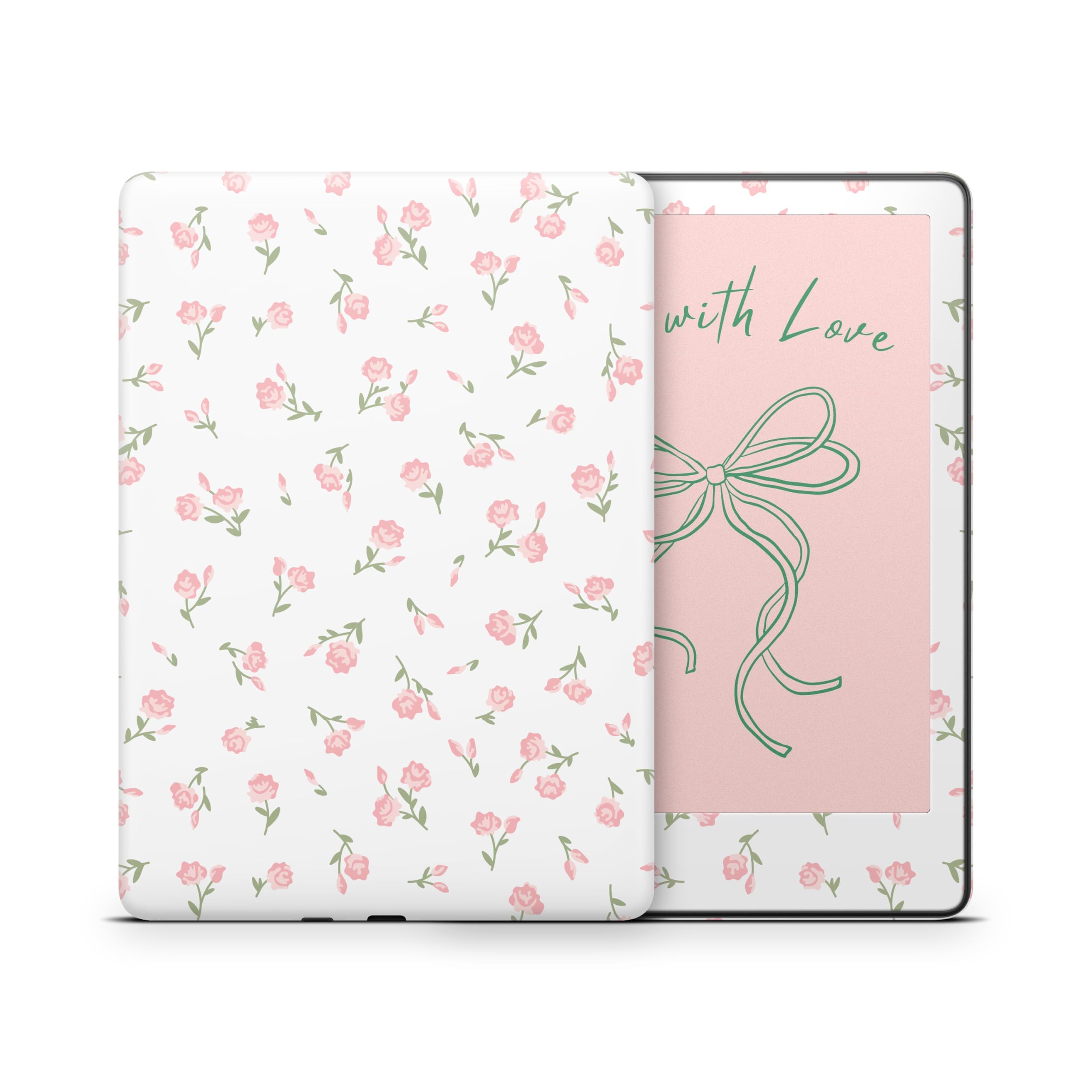 ZOOMHITSKINS Kindle Skin Compatible with Kindle Paperwhite Gen 11 (2021), White Pink Cute Ribbon Rose Elegant Vintage, Easy Bubble-Free 3M Vinyl Decal Accessories, Made in The USA