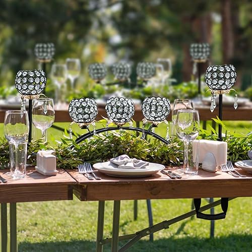 Miniatura 10 de Kehail Juego de 3 candelabros de cristal dorado con forma de flor con cuenco colgante de cristal, portavelas de metal votivo para centros de mesa,