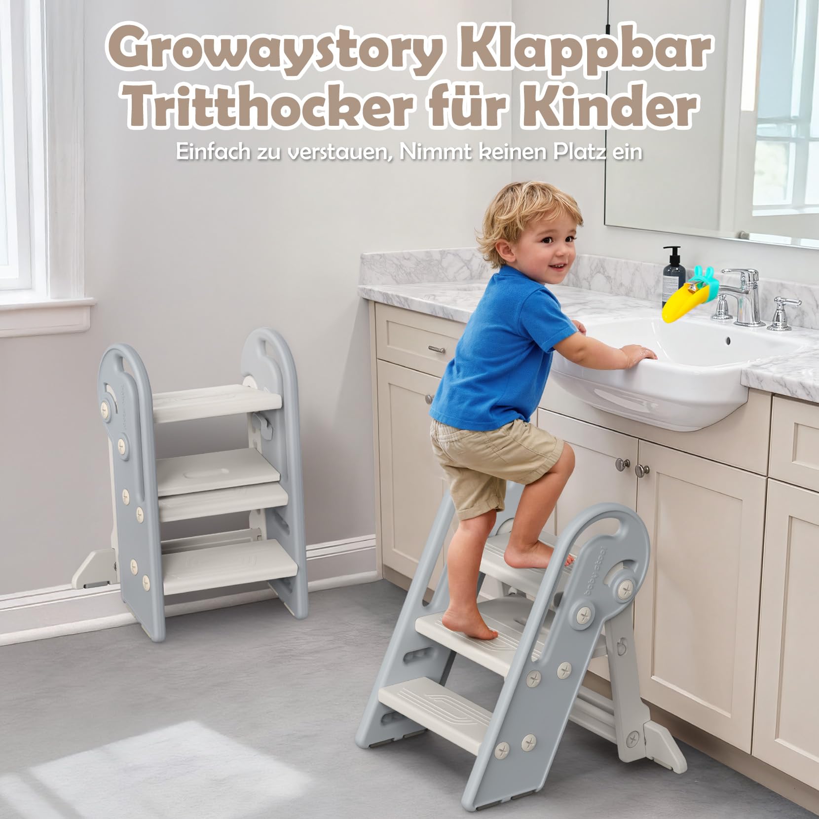 Tritthocker für Kinder Hocker Kinder Bad ab 1,5 bis 8 Jahren | 2 Stufen-3 Stufen Höhenverstellbar Kinder tritthocker | Klappbar | Sicherheit Handslauf | für Bad, Kleinkinderzimmer, Küche (Grauweiß)
