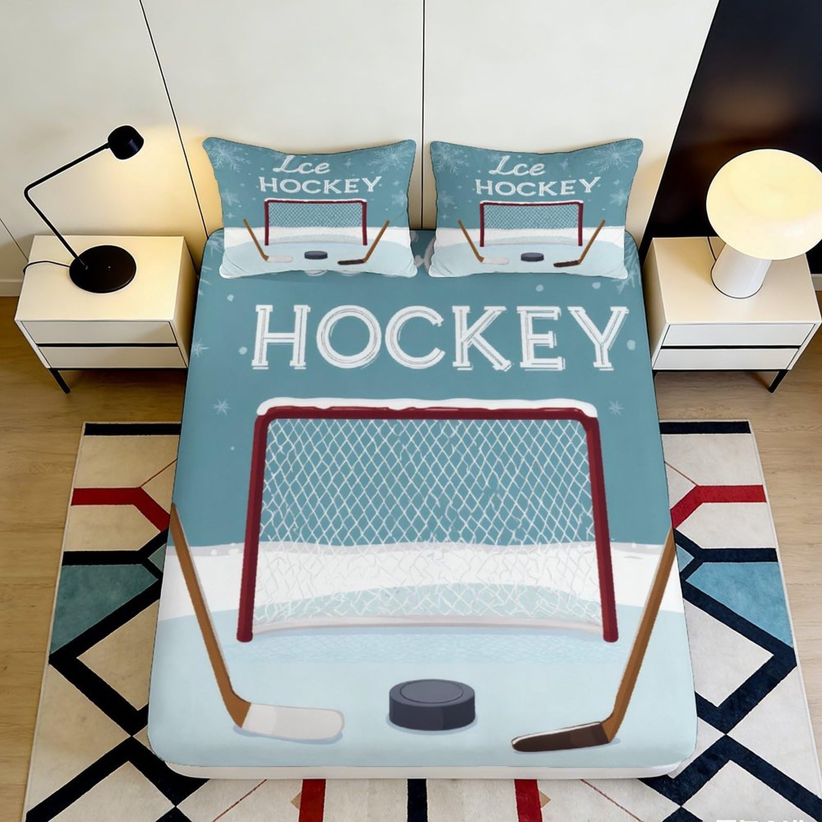 3D Printed Hockey Goal Fitted Sheet Microfiber Ice Rink Bed Cover for Bedroom Dorm Mattress Protection Decor 90x200x25cm