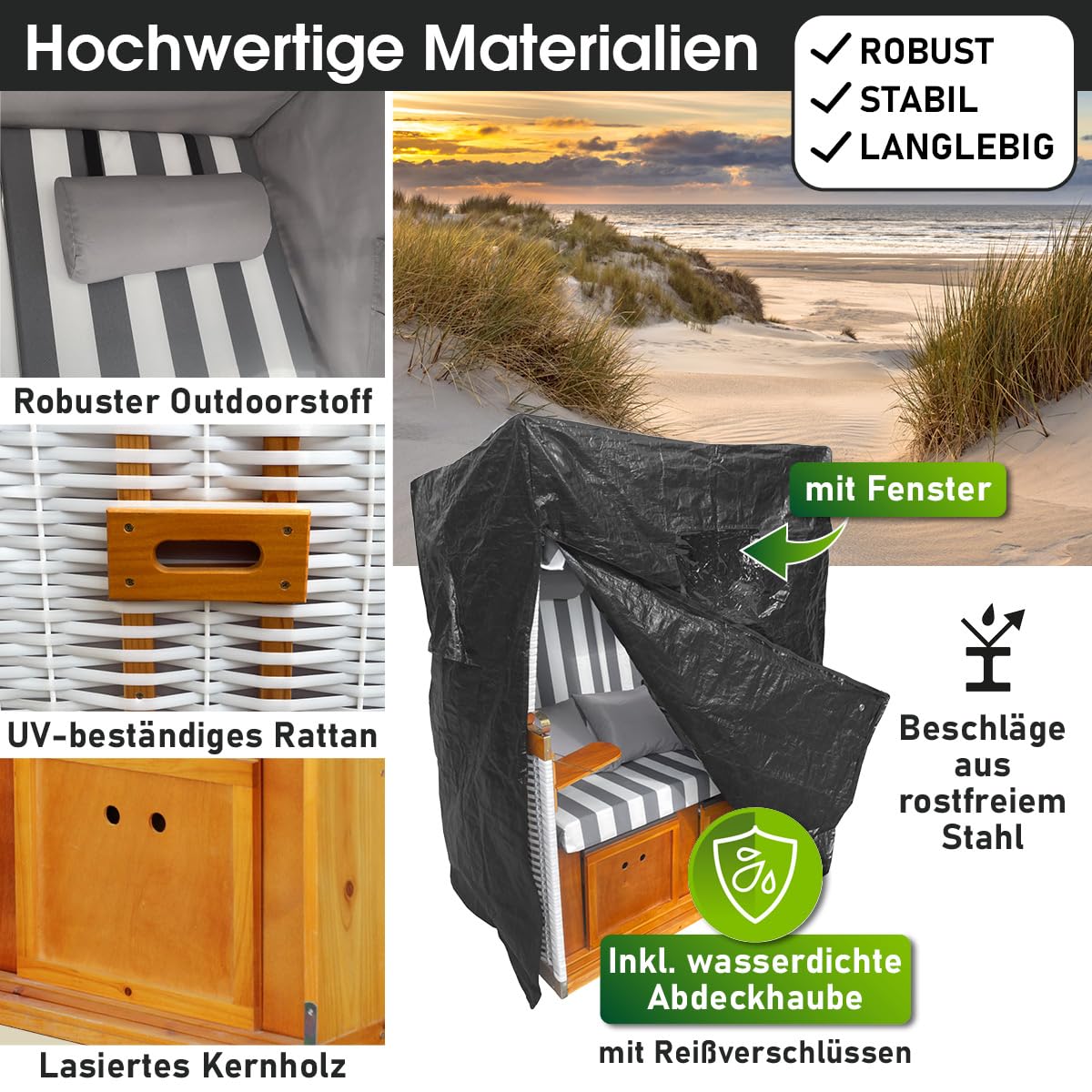 BRAST® Strandkorb Norderney Deluxe für 2 Personen | 120cm breit | 4 Designs | inkl. wetterfeste Abdeckhaube | verstellbare Rückenlehne Fußkissen | Grau/Weiß - gestreift