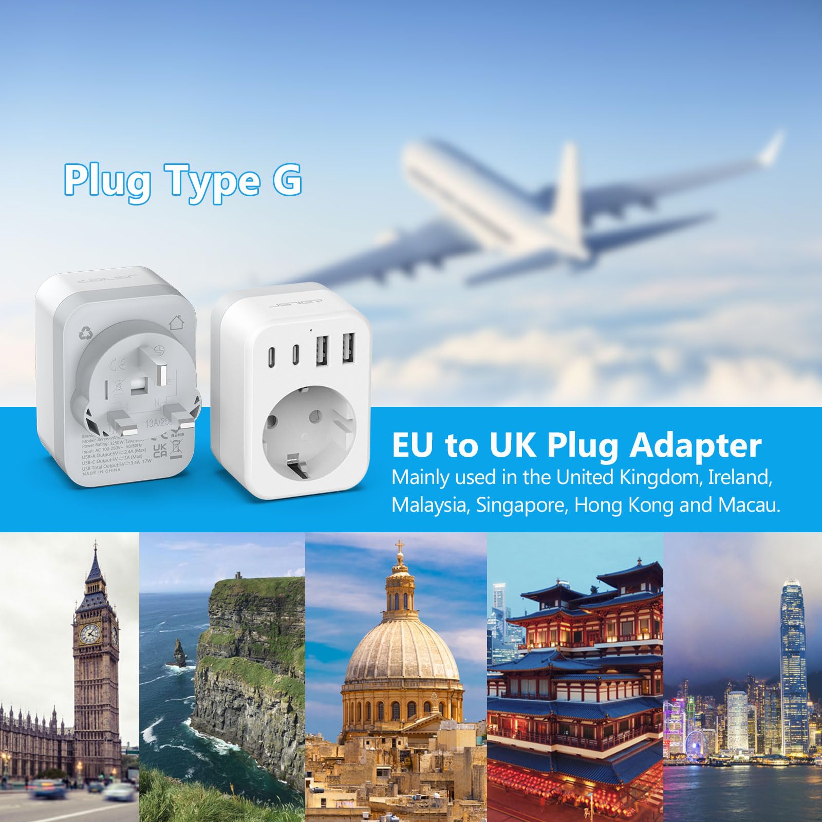 JSVER Adaptateur Prise Anglaise,Adaptateur Voyage France/Europe vers UK,Connecteur Prise avec 2 USB A et 2 Type C,Type G pour l'Angleterre,l'Irlande,Dubaï,Les Maldives et Hong Kong (Blanc)