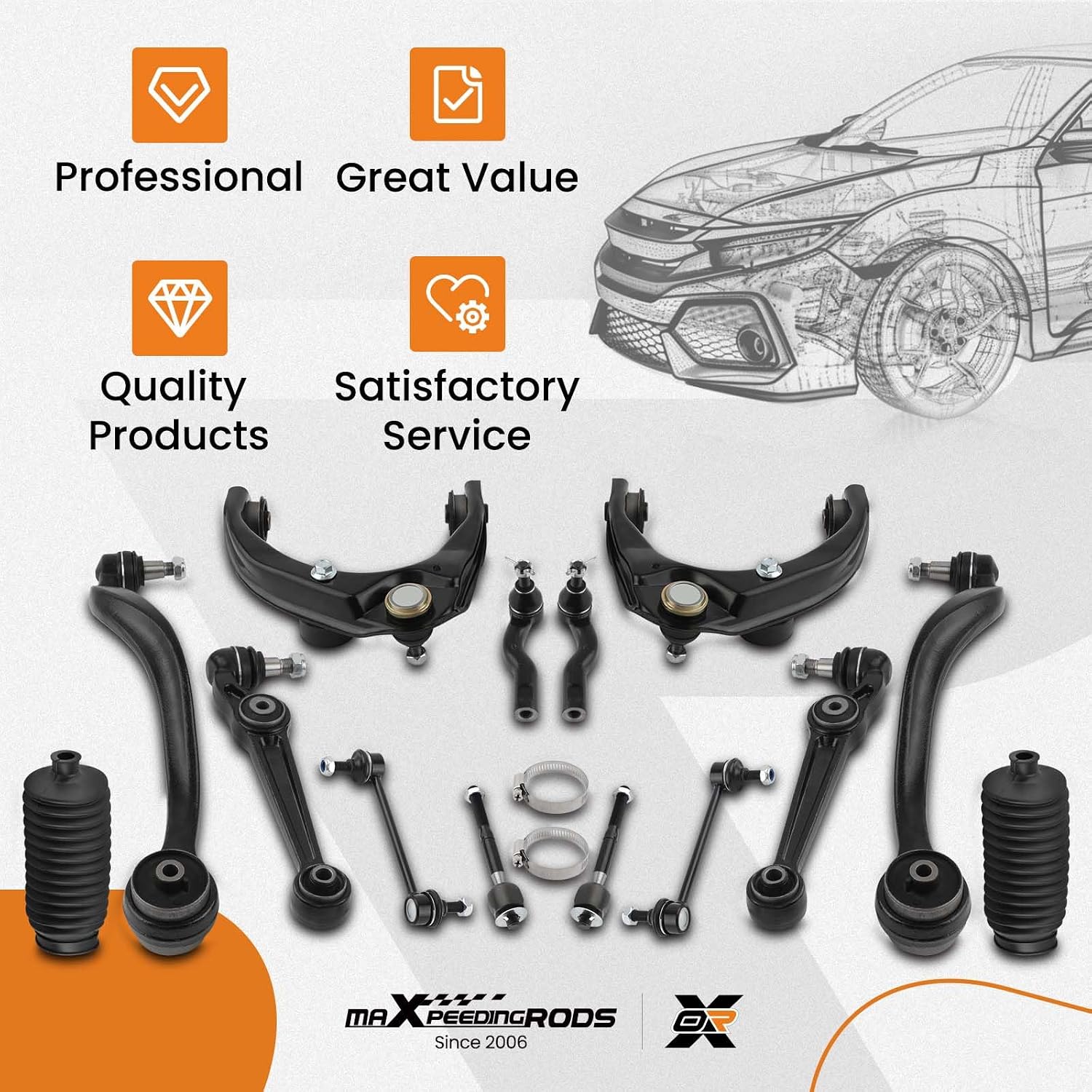 maXpeedingrods 14 PC Front Suspension Kit for Ford Fusion 2010-2012 for Mercury Milan 2010 2011 for Lincoln MKZ 2011 2012, Upper & Lower Control Arm Outer Inner Tie Rods Sway Bar End Links Boots