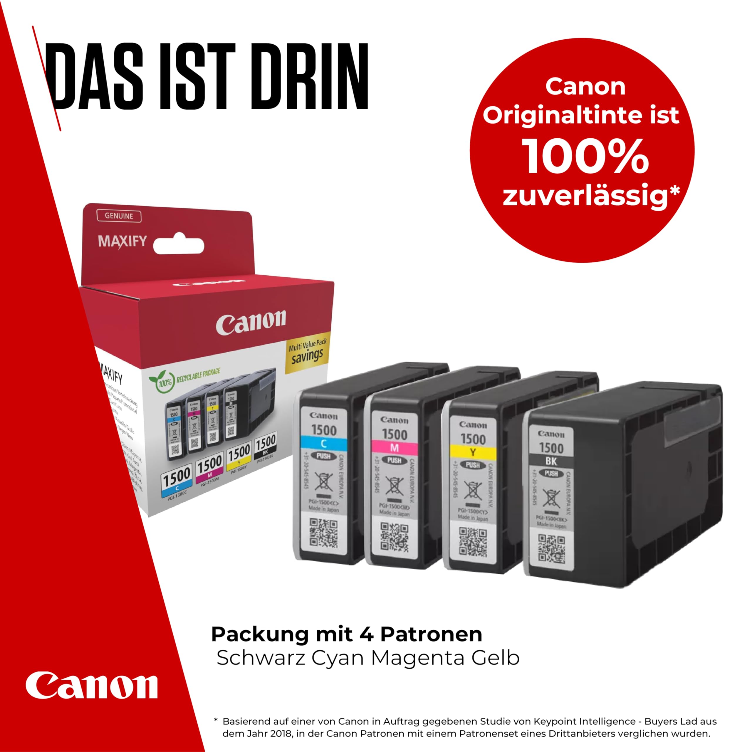 Canon Tinte - PGI-1500 C/M/Y/BK Original Drucker Farbdruckerpatronen - 4er-Pack (1 x Schwarz, 1 x Cyan, 1 x Magenta & 1 x Gelb druckerpatronen)