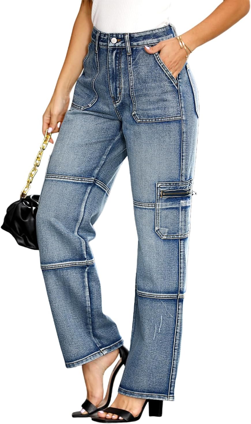 Womens Cargo Jeans High Waisted Straight Wide Leg Y2k Baggy Trendy Denim Pants with Zipper Pockets
