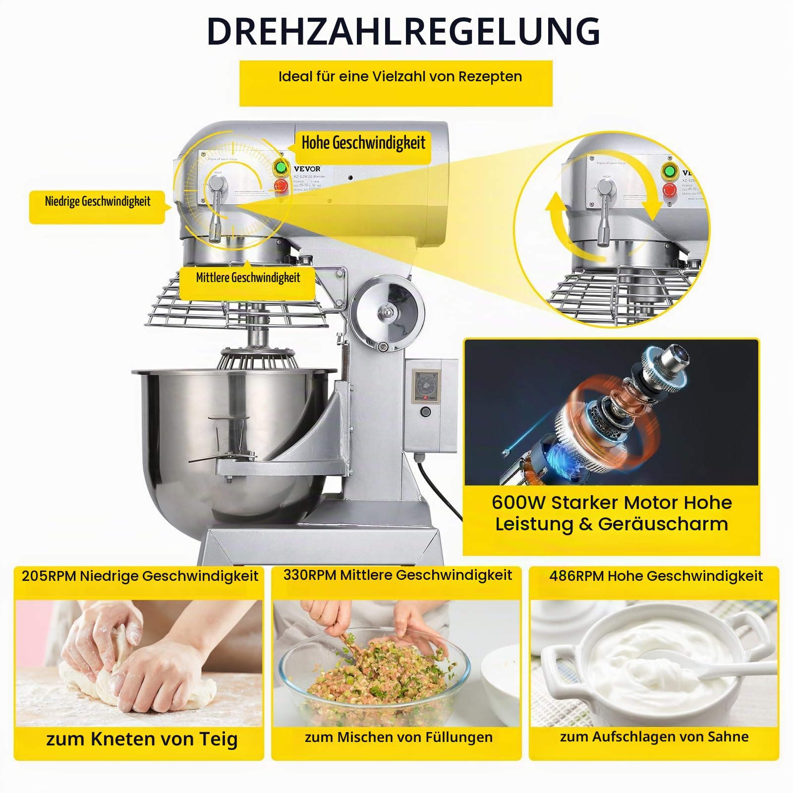 VEVOR Teigknetmaschine Küchenmaschine, 15 Qt Edelstahl Teigmixer, 600 W, einstellbar (130/233/414 U/min), inkl. Edelstahlschüssel, Knethaken, Schneebesen, Rührbesen, ideal für Bäckereien, Restaurants