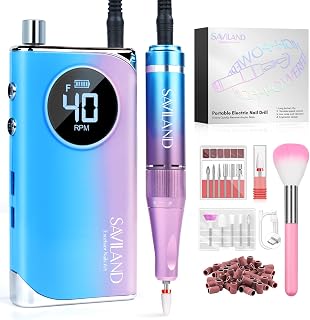 Saviland Rechargeable 40000RMP Nail Drill – Portable Electric Nail Drill【Low Noise&Heat】 with 12 Drill Bits for Nails Electric Nail Drills for Acrylic/Gel Nails Professional Nail Tools