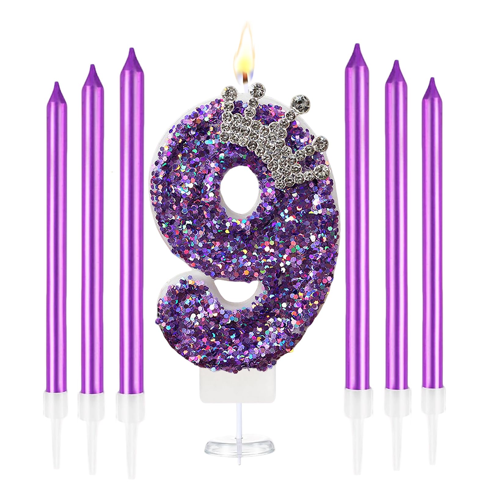 K Pop Number Birthday Candles, Glitter Crown Birthday Candles with 6 Pcs Long Candles, Stylish Kpop Music Themed Cake Topper for Girls Birthday Party Supplies (9 Candle, Holo Purple)