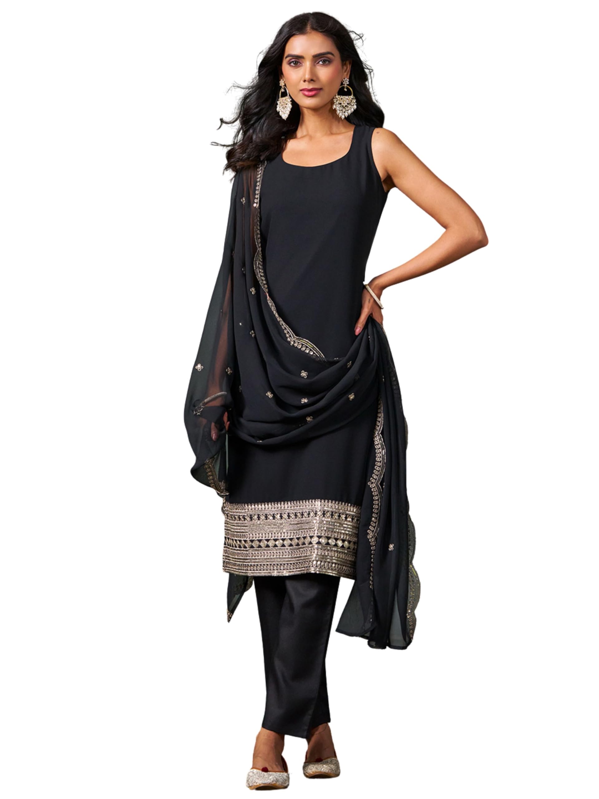 Women's Georgette Embroidered Straight Sleeveless Kurta Pant with Dupatta Set | Ethnic Set for Women | Black Kurta Set | Wedding-image-25
