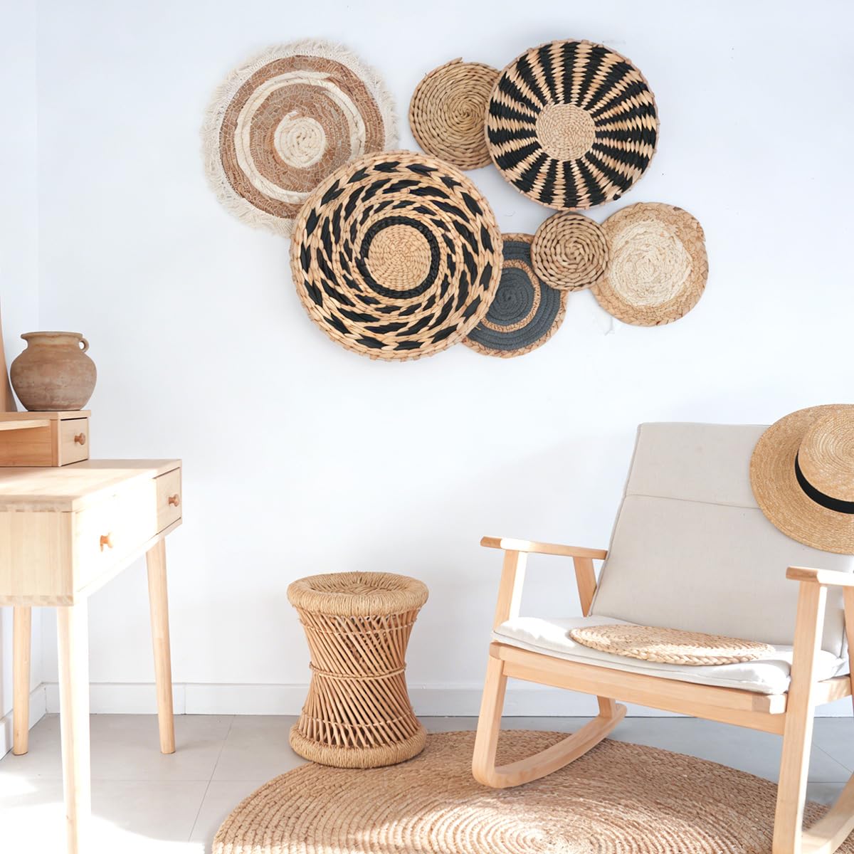 Set di 7 Cestini Decorazioni Parete Bohémien, Decorazione da Parete a Mano | Decorazioni da Parete Rotondi in Stile Bohémien Fatte per Fattoria Ufficio Soggiorno Camera da Letto Cucina Hotel Scuole