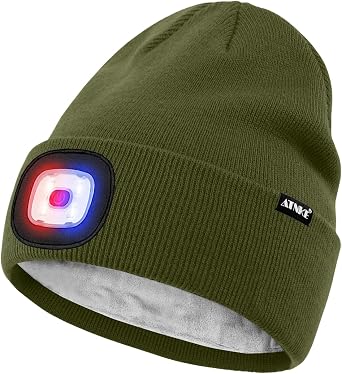 ATNKE LED Lighted Beanie Hat,USB Rechargeable 4 LED Red and Blue Flashed Run Headlamp Lined Fleece Cap for Men and Women