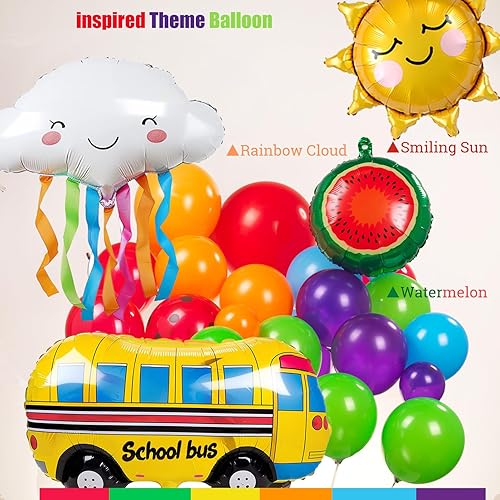 Miniatura 3 de Kit de arco de guirnalda de globos de arcoíris, 140 piezas de colores surtidos con globos de Mylar de sandía, autobús escolar, sol y nube, para