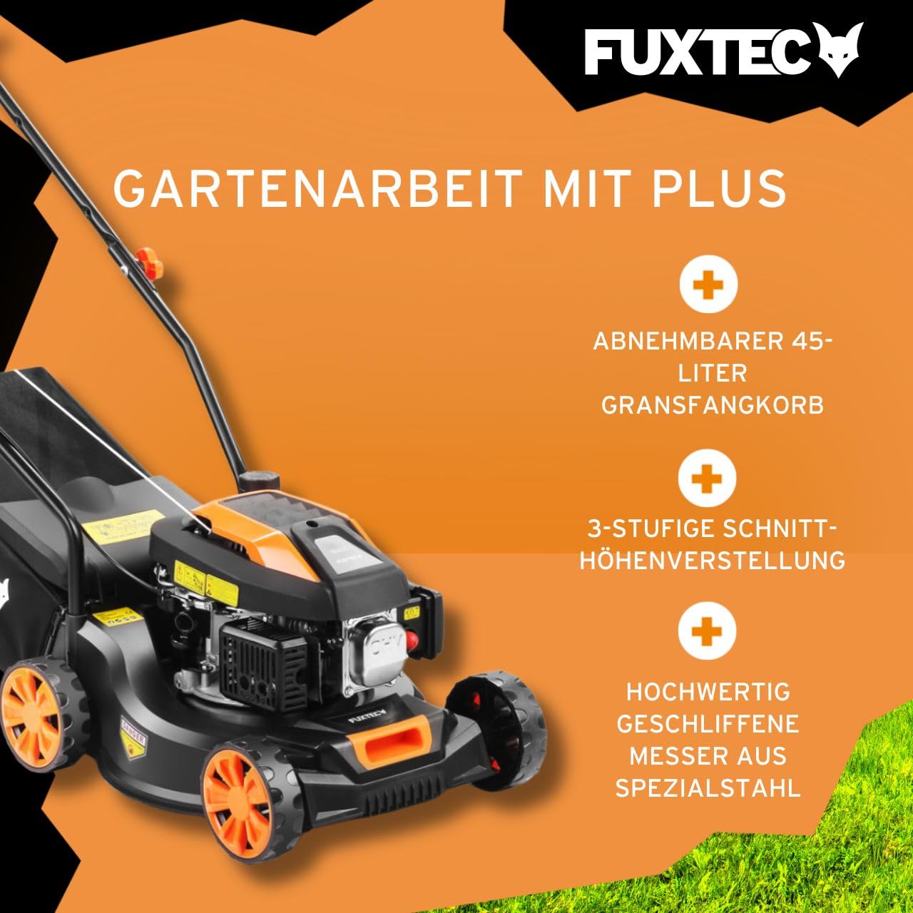 FUXTEC Benzin Rasenmäher FX-RM4180 • 79,8 cm³ 4-Takt Motor • 41 cm Schnittbreite für kleine Flächen • 45L Fangkorb • 3-stufige Schnitthöhe 25–55 mm • leichte 18kg