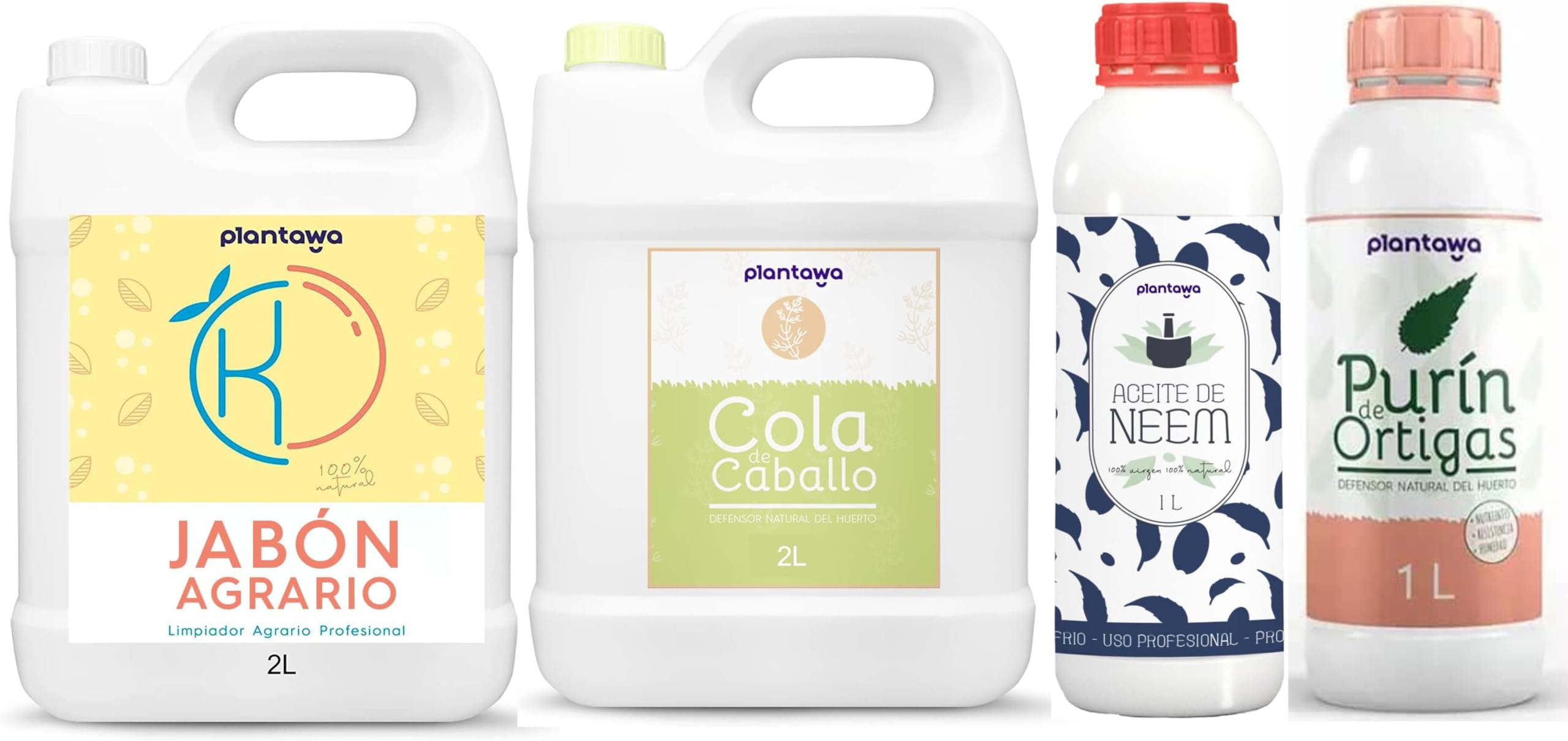 Aceite de Neem 1l, Purín de Ortigas 1l, Cola de Caballo 2L, Jabon Potasico 2l - Protección Total 100% PURO - Aporta Hierro y Nutrientes Esenciales - Mejora Defensas Naturales de Plantas