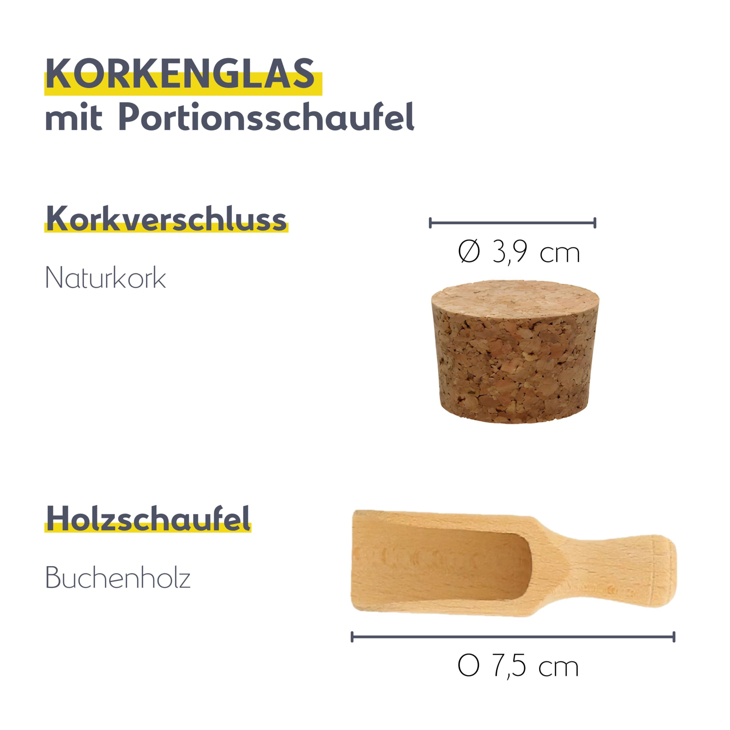 mikken 24 Gewürzgläser 150ml mit Korken – runde Glasbehälter mit Kork-Verschluss inkl. Holzschaufel – Vorratsgläser für Gewürze, Kräuter & Deko (24)