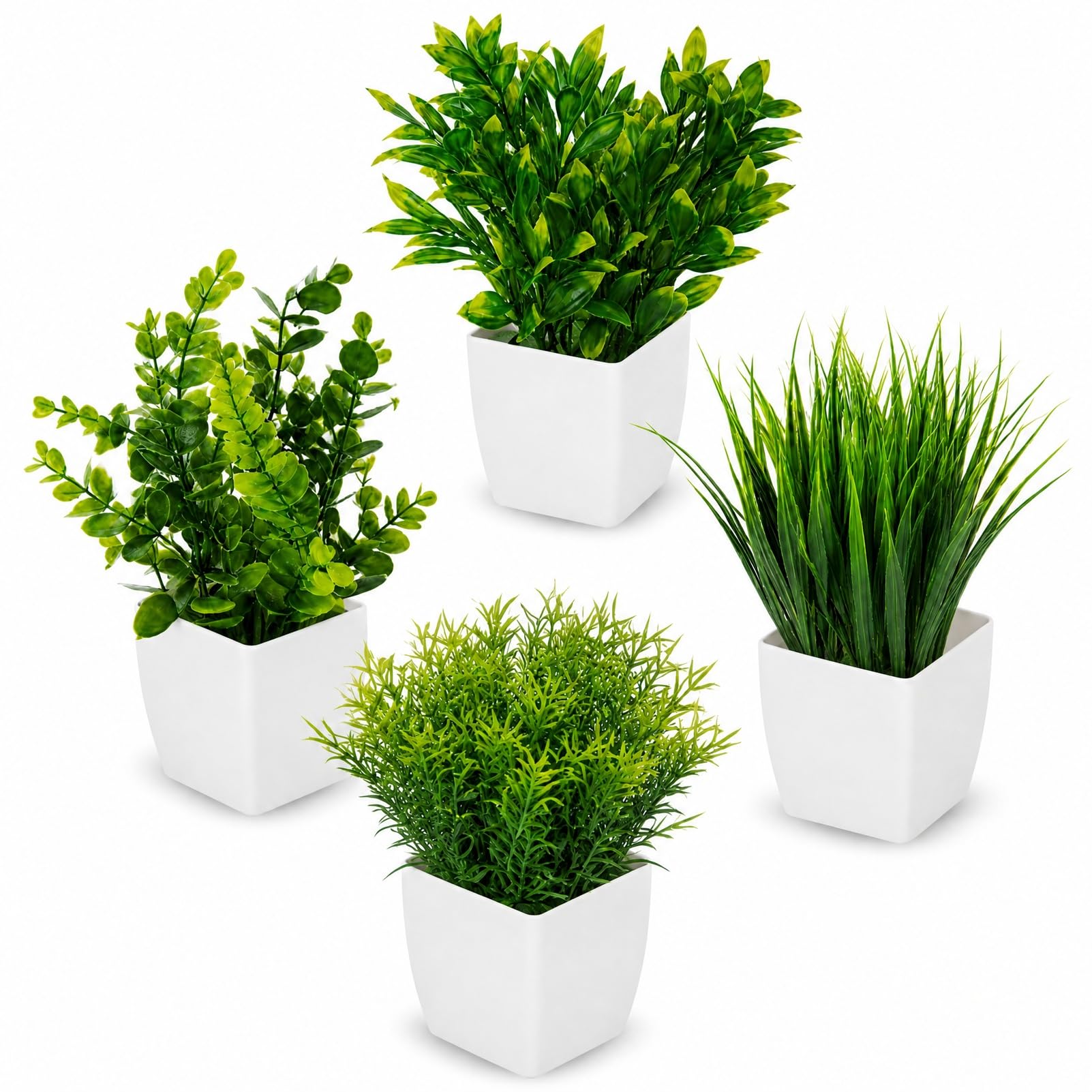 BOBPPOP 4PCS Mini Artificial Plants Set, Small Faux Potted Herbs, Realistic Rosemary Fake Plants, Indoor Outdoor Shelf Decor for Home Decoration, Green 4 Styles