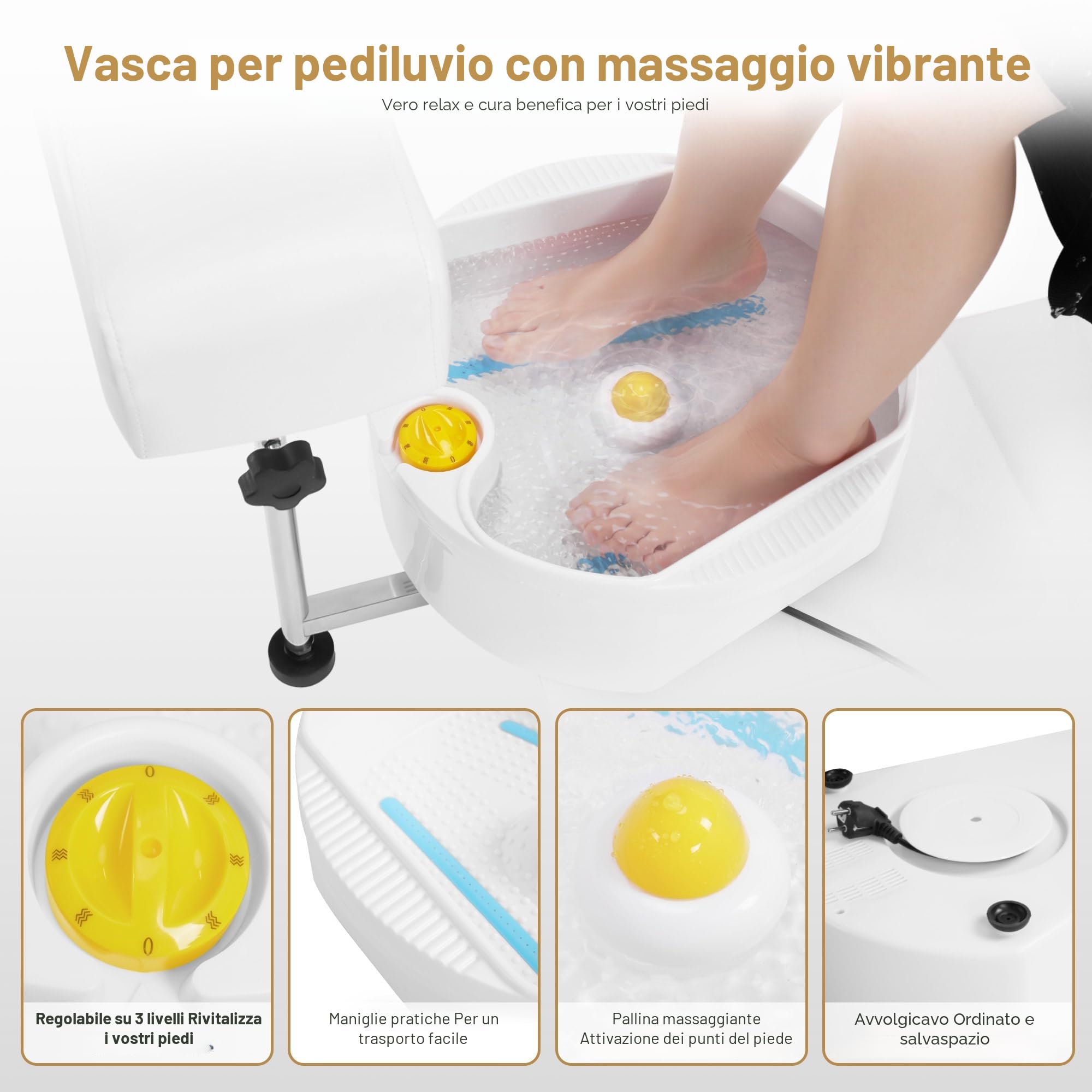 Barberpub Sedia da pedicure con vasca e sgabello, sedia da parrucchiere regolabile e inclinabile, per salone unghie retro F0371 (Oro-Bianco)