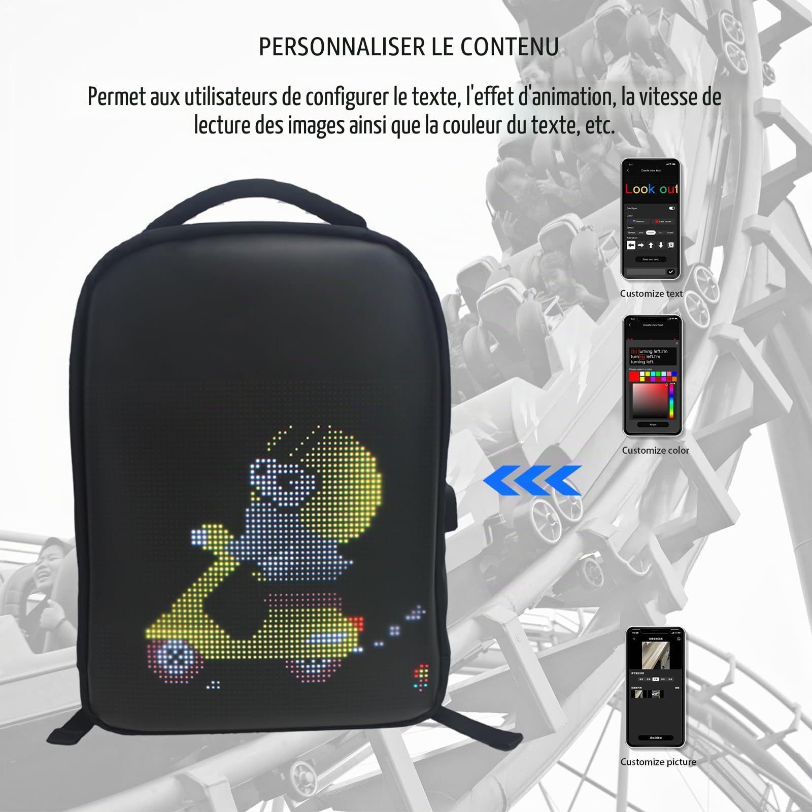 Sac à dos de randonnée LED programmable avec affichage dynamique des images - Pochette pour ordinateur portable de 15,6 pouces - Épaule réglable - Promotion de vacances - Utilisation de sacs à