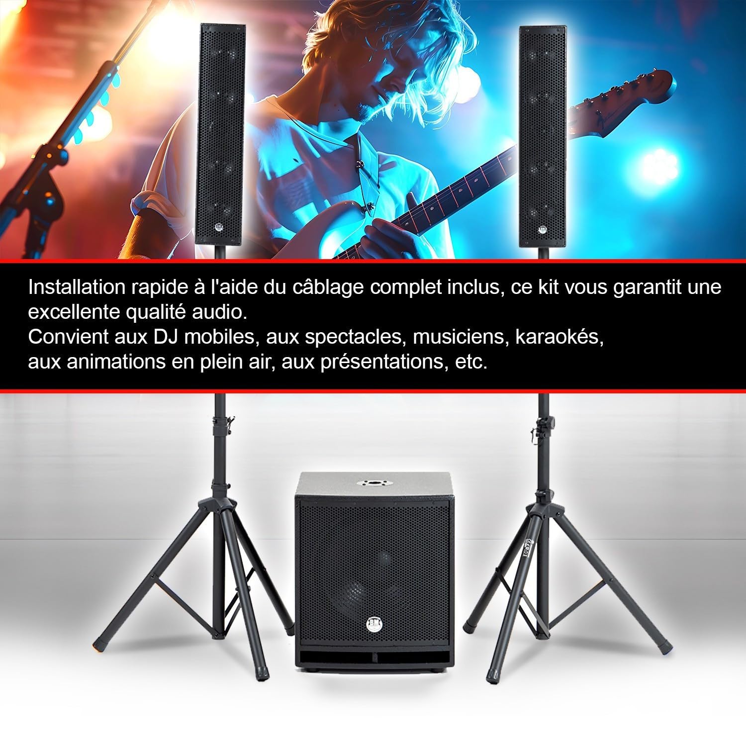 Pack Sonorisation DJ Complet BM Bmsonic BMS-15-SLIM-BT, 1200W Enceintes Satellites, SUB 38cm USB/Bluetooth, Supports Câbles, Micro