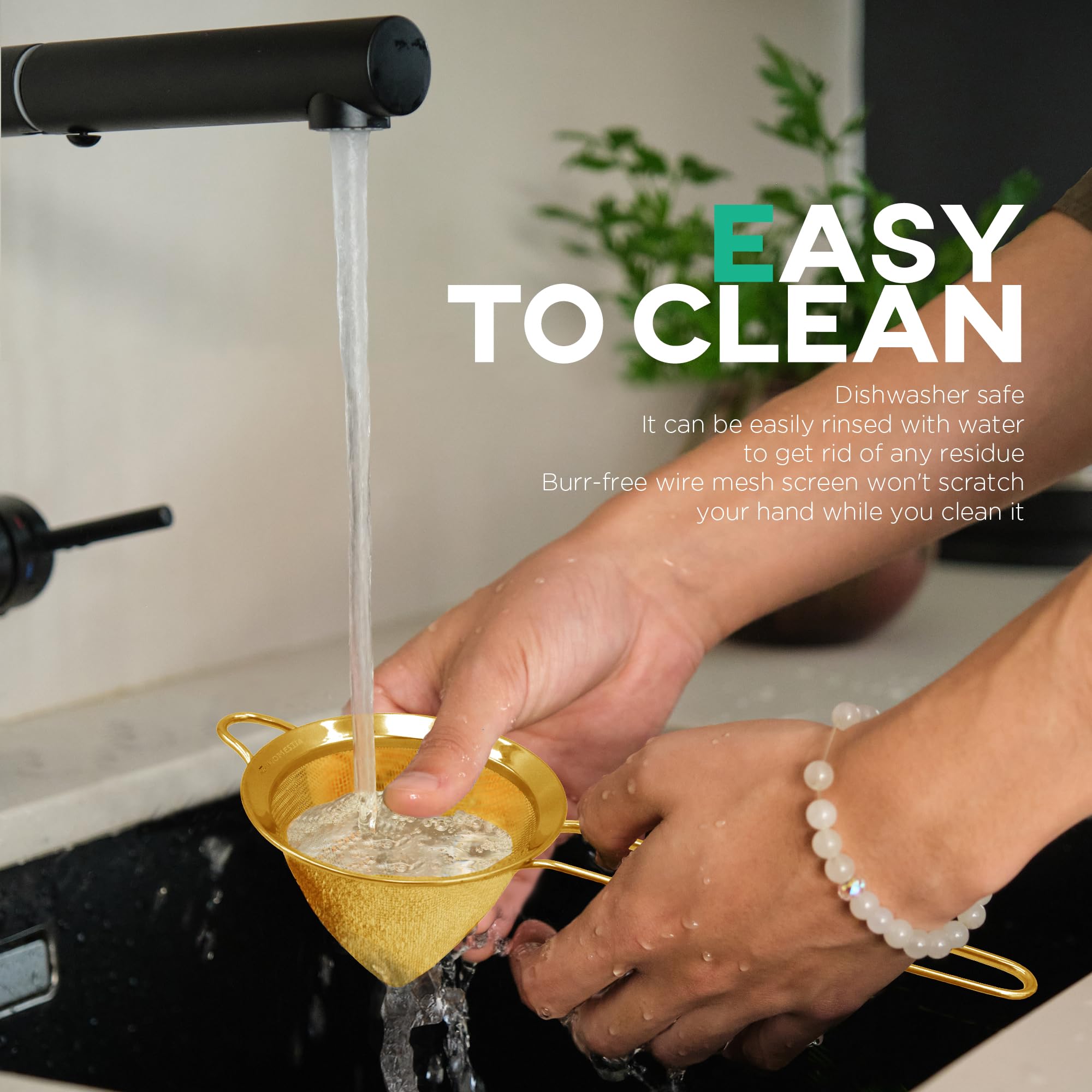 Homestia Colador de malla fina de 2 coladores de acero inoxidable de doble tensión para cóctel con mango largo para utensilios de camarero de 3.3 pulgadas (dorado)