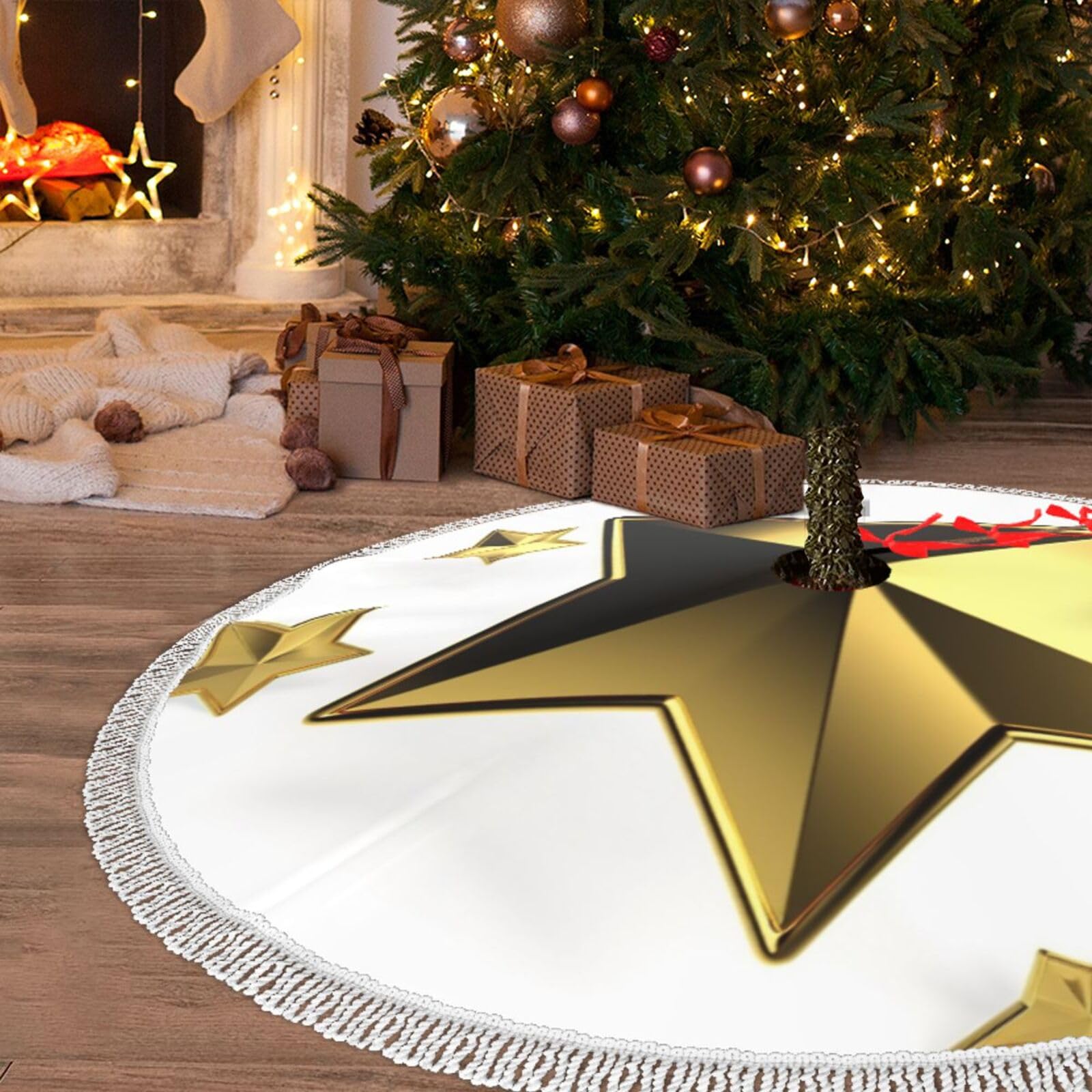 Jupe de sapin de Noël chic de 122cm, imprimé étoiles dorées et finitions pompons raffinées