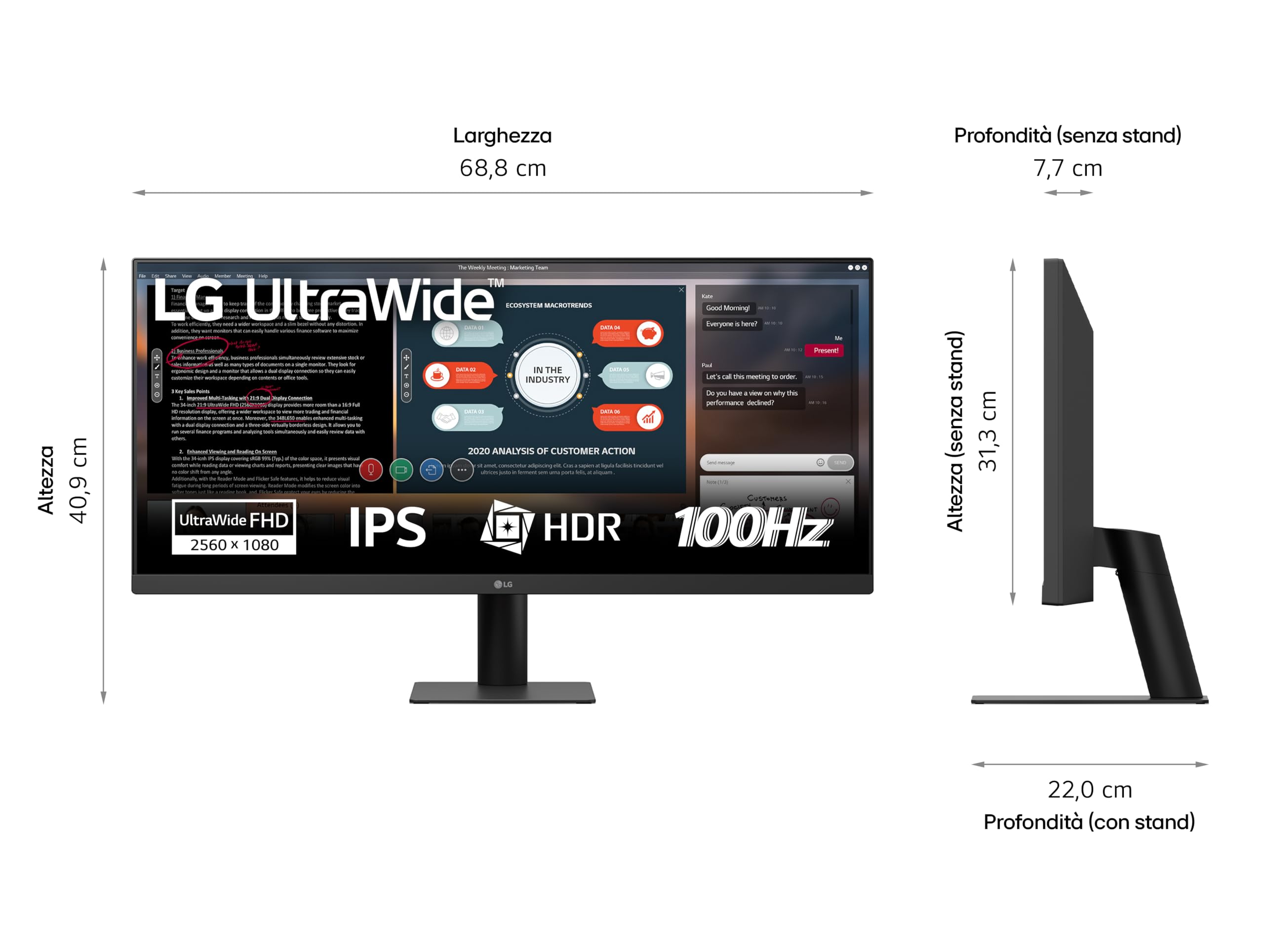 LG 29U511A Monitor UltraWide 21:9 29" IPS, WFHD (2560x1080), HDR10, 100Hz, sRGB 99%, HDMI, DisplayPort, Uscita Cuffie, Schermo Antiriflesso, Reader Mode, Flicker Safe, Nero