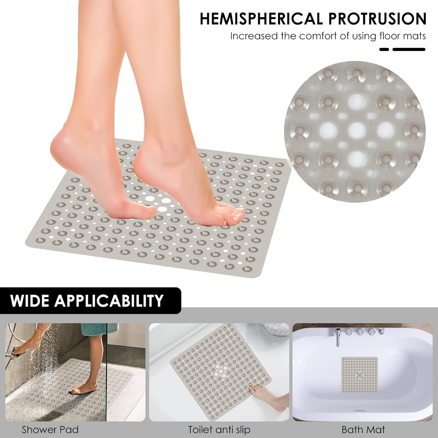 Bath Tub and Shower Mats Non Slip Easy to Clean Square Shower Bathtub Mat Comfortable Shower Stall Floor Mat Bathtub Mat with Drain Holes for Bathroom US(2,Transparent gray)