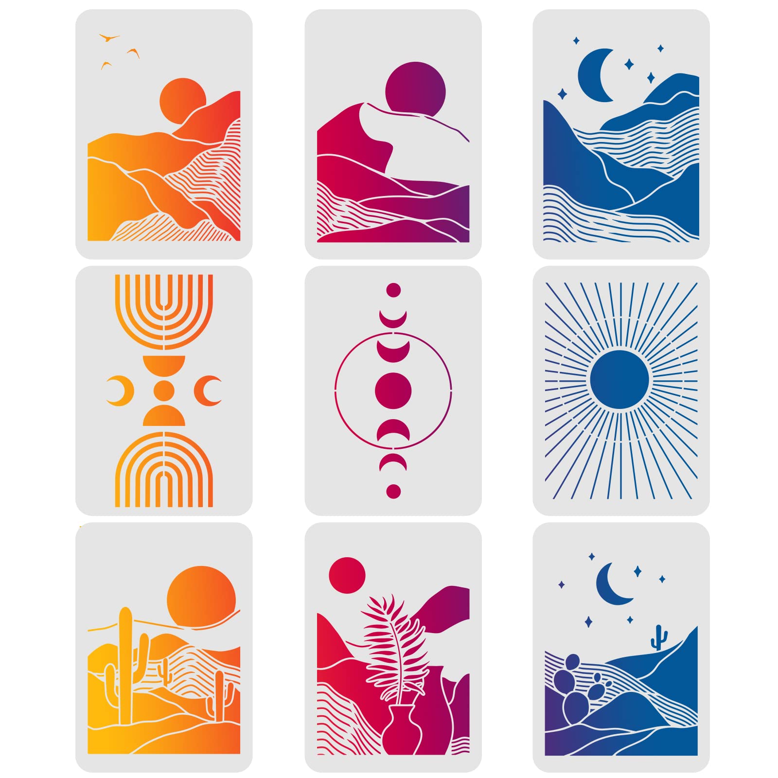 FINGERINSPIRE9PCS Sun and Moon Reusable Stencils Boho Sunrise Themes PlasticTemplates, 11.7x8.3 inch Desert Stencil for Painting on Wood Canvas Paper Home Decoration