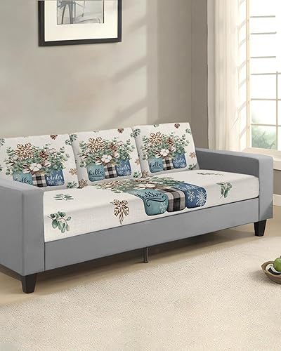 Miniatura 10 de Fundas de cojín para sofá de Navidad, funda elástica para sofá con parte inferior elástica, diseño de acuarela rojo y verde con nudo botánico de