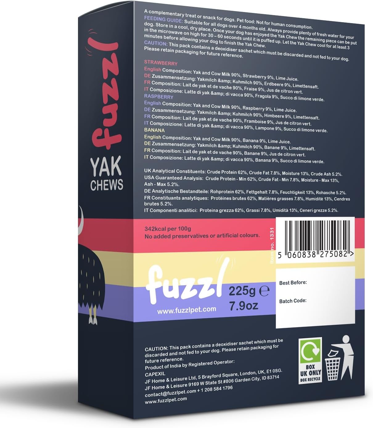 Fuzzl Strawberry, Raspberry, Banana Yak Chews for Dogs Box 3 225g | Natural Himalayan Yak Cheese Treats | Long-Lasting, Grain-Free, Antioxidant & Vitamin-Rich Dental Chews