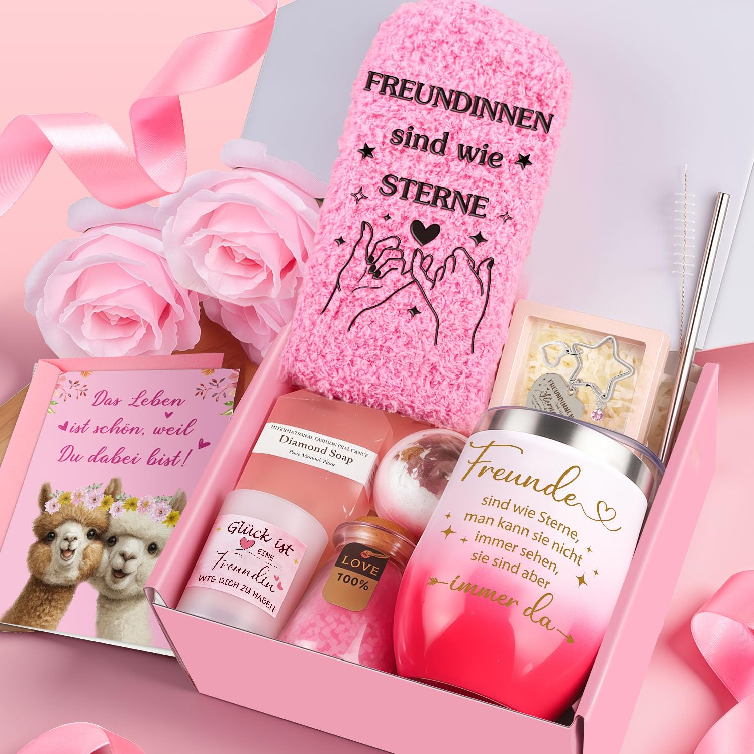 Giftota Geschenke für Frauen, Beste Freundin Geburtstagsgeschenk für Frauen Geschenk Beste Freundin Geburtstag Geschenkset für Frau, Rosa Thermobecher Geschenkbox Freundinnen, Wellness Geschenkset