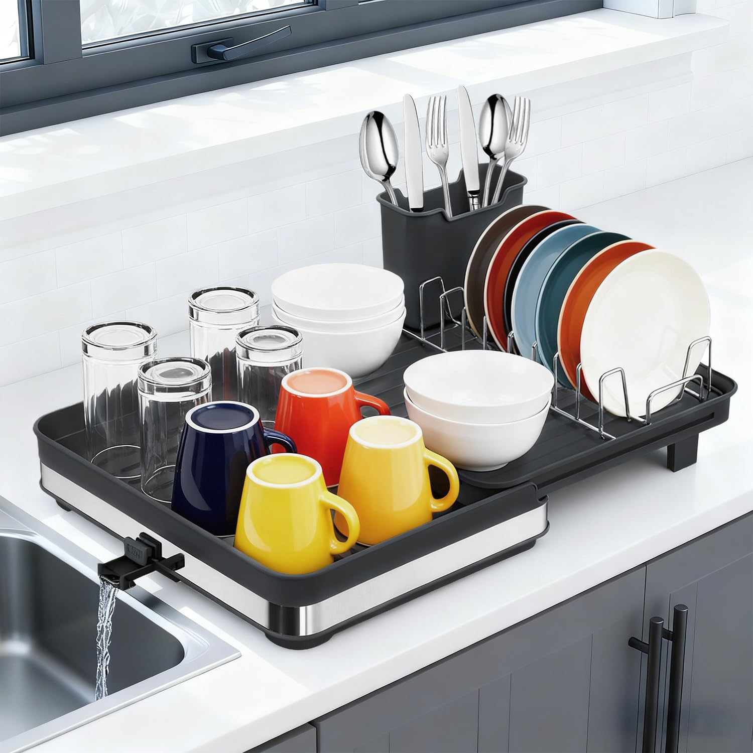 ZLXHDL Abtropfgestell Geschirr Ausziehbar, Multifunktional Extendable Geschirrtrockner, Dish Drainer für Küchentheke, mit Besteckhalter, Schwarz