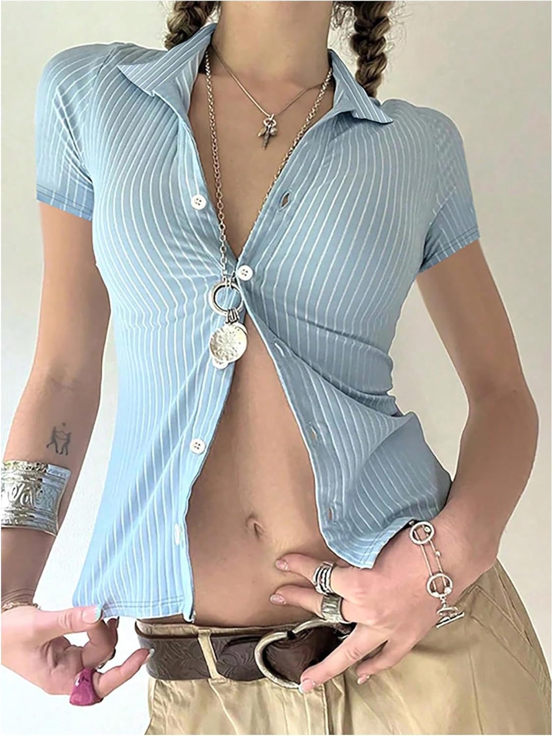 GORGLITTER Women's Striped Button Down Fitted Blouse Short Sleeve Gingham Collar Neck Cropped T Shirts - Image 4