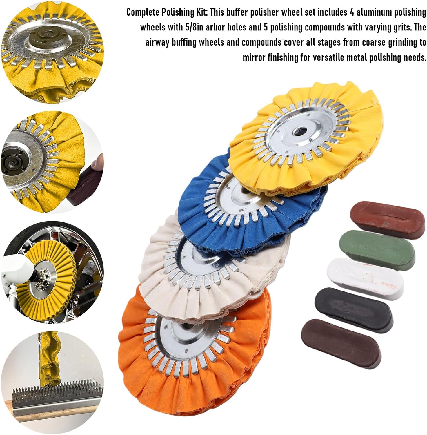 Luocute 8in Airway Buffing Wheels 4 Aluminum Metal Polishing Wheel Pad Compound Kit with 5 Polishing Compounds for Angle Grinder Mirror Finish on Car Metal Parts