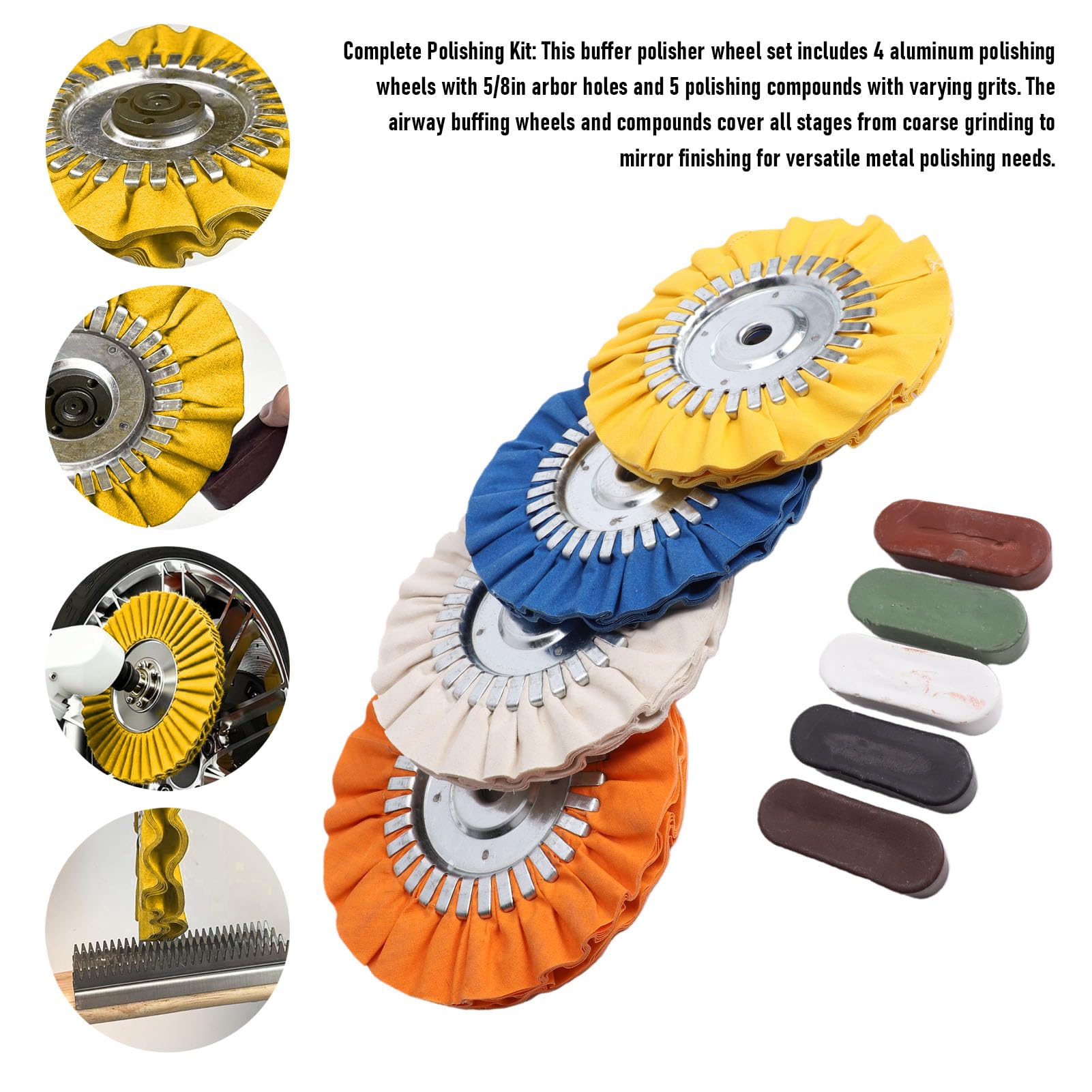 Airway-Polierscheiben, 20,3 cm, professionelles Aluminium-Metall-Polierset für Winkelschleifer, Auto-Hochglanz-Finish, 4 Polierscheiben, 5 Verbindungen