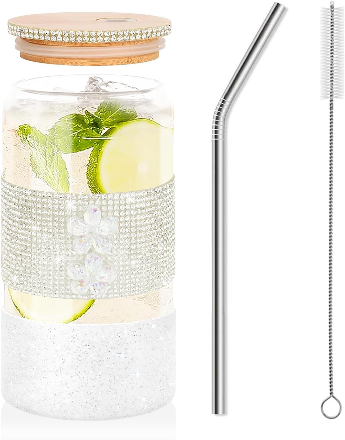 Glass Water Bottle with Lids Straws and Glitter Silicone Boot, Diamond Surround 16oz Beer Glass Tumbler, Iced Coffee Mug, Smoothie, Juice Bottle Cup, Women's Day Birthday Gifts for Her
