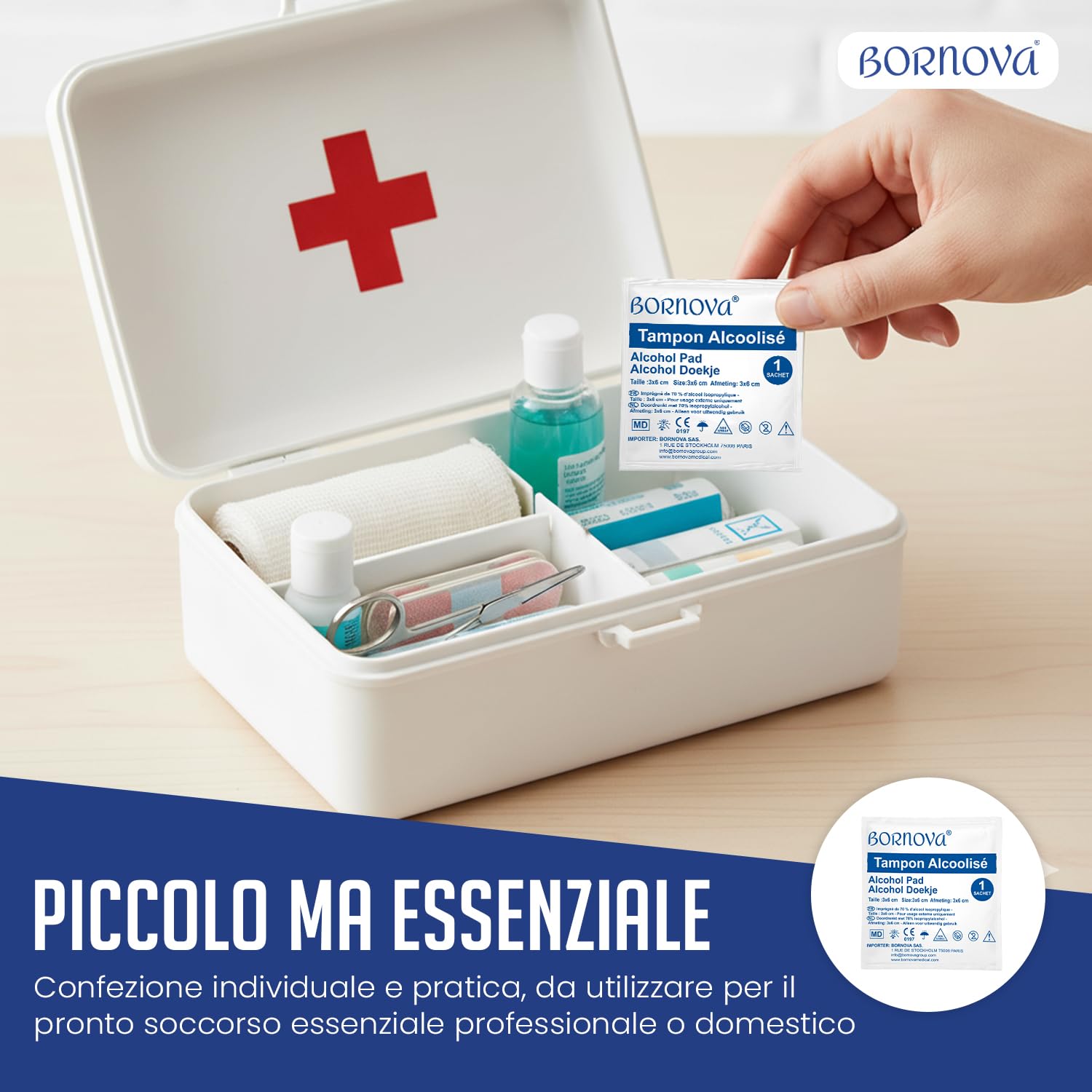 100 PZ – Tamponi impregnati alc.70 – Salvietta 3x6 cm per pulizia della pelle e degli oggetti – Monouso – BORNOVA
