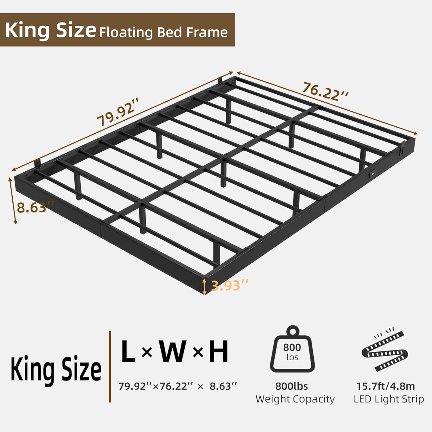 Floating bed frame with blue LED lights underneath, showing various control modes like music, timing, mic, colors, and custom styles.