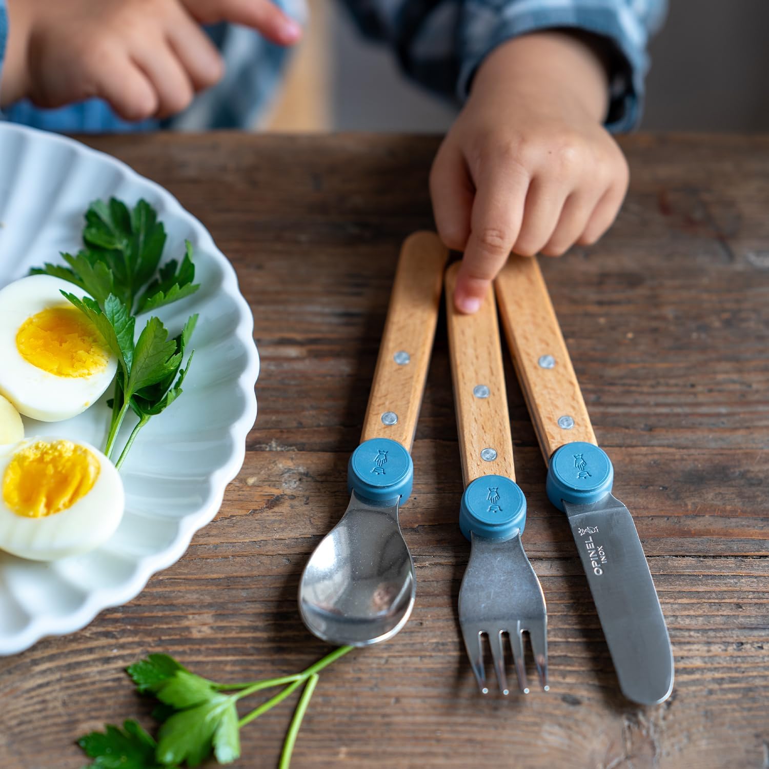 Opinel Le Petit Gourmet – 3 Piece Children’s Cutlery Set, Rounded Dull Knife, Spoon, Fork, Supports Independence at Every Meal, Montessori Tools Made in France (Rain Blue)