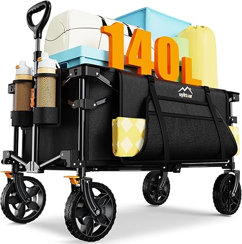 Carrito plegable de 140 L con bolsillo lateral y frenos para compras, deportes, camping y jardín, color negro