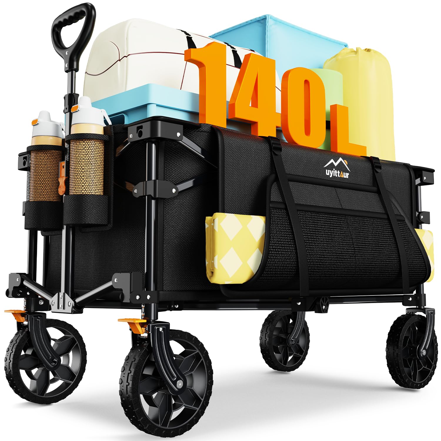 140L Collapsible Wagon Cart Foldable, Folding Utility Grocery Cart with Side Pocket and Brakes for Shopping, Sports, Camping and Garden, Black
