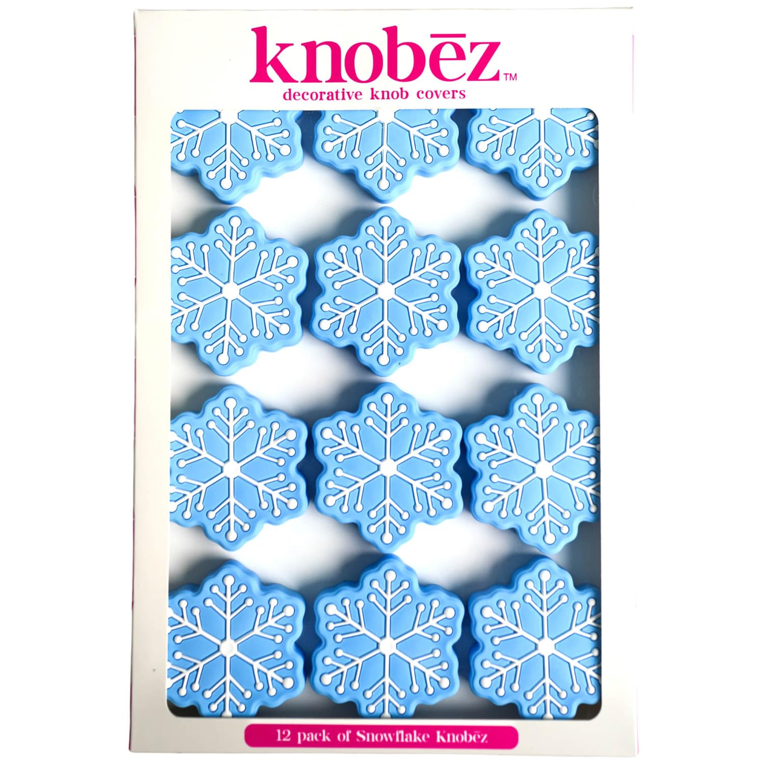 Knobēz: Decorative Knob Covers - Snowflake - 12pk, Blue - Stretch Over Hardware Decorations, Holiday-Winter-Christmas, Kitchen-Bathroom-Dressers-Home