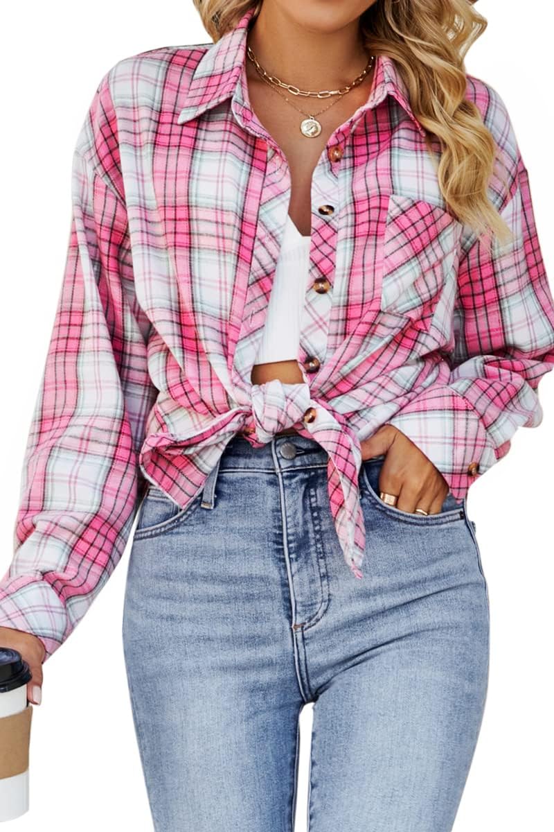 CHYRII Womens Button Down Flannel Shirts Long Sleeve Plaid Shackets Business Casual Blouse Top - Image 4
